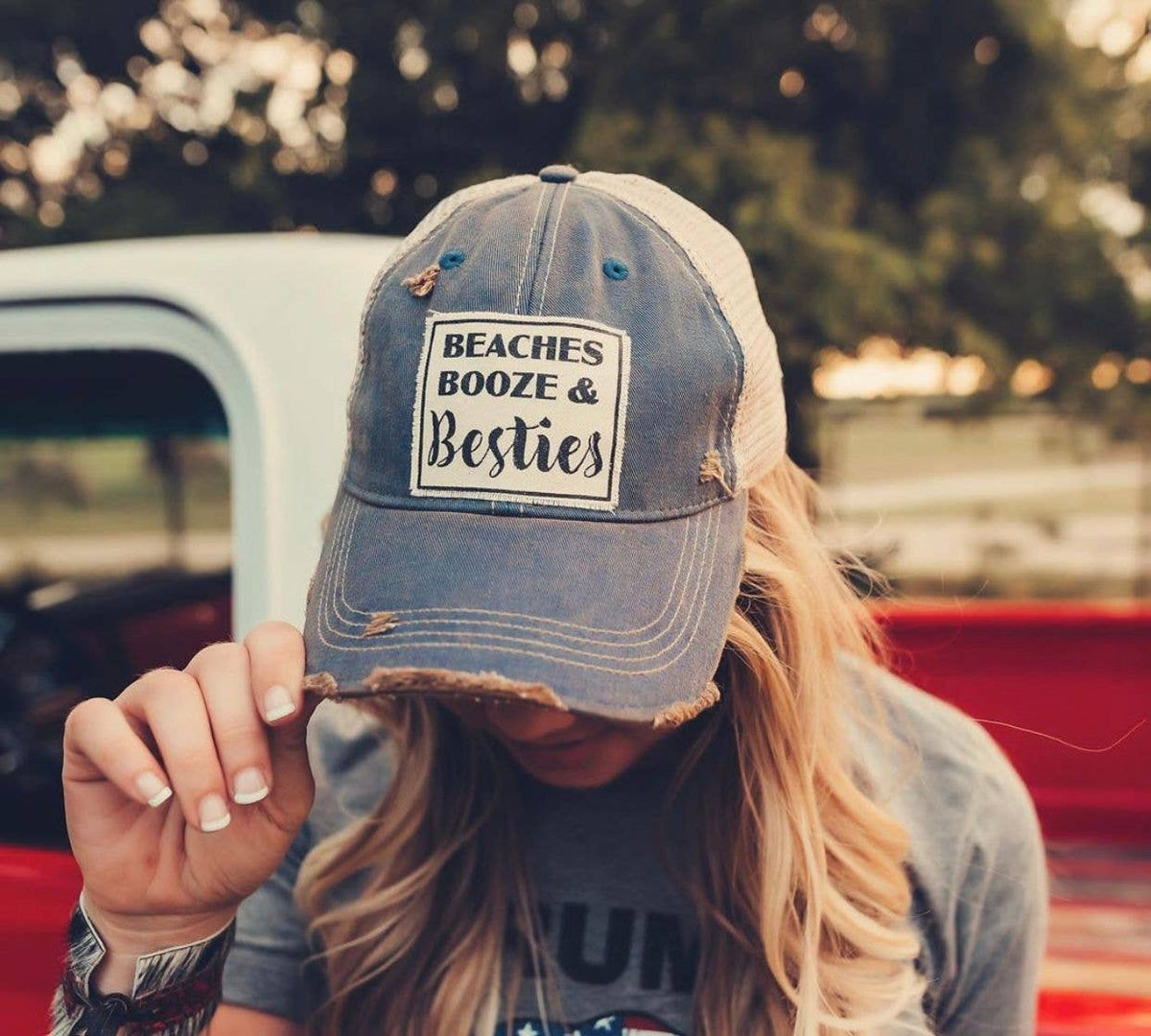 Beaches Booze Besties Distressed Trucker Hat Baseball Cap