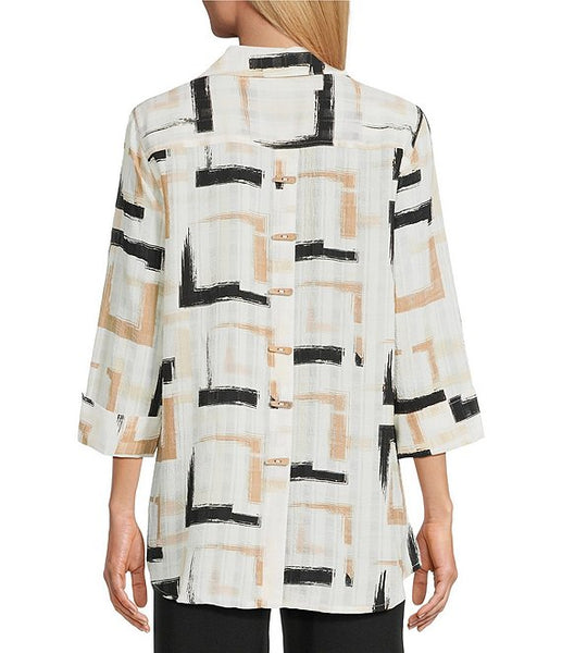 Multiples Turn up Cuff 3/4 Sleeve Button Front Hi-Lo Shirt