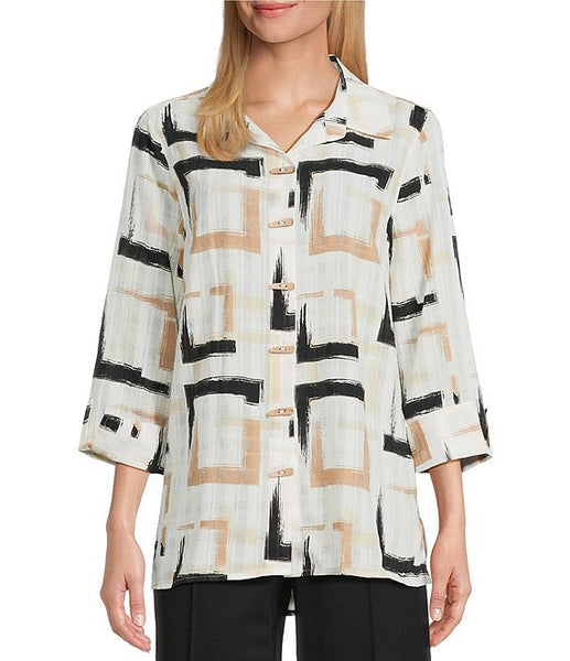 Multiples Turn up Cuff 3/4 Sleeve Button Front Hi-Lo Shirt