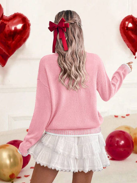 LDC Valentine Love Chenille Letter Graphic Sweater: Fiery Red / L
