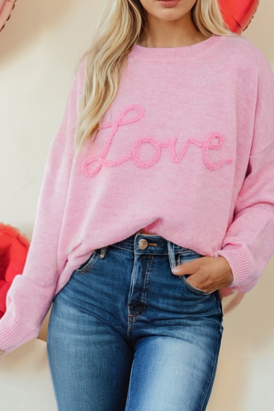 LDC Valentines Corded Love Script Graphic Baggy Sweater: Pink / L