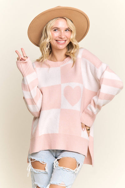 CHECKERED HEART GRAPHIC KNIT SWEATER- LESW4056: IVORY/BLUSH / S-M-L(2-2-2)