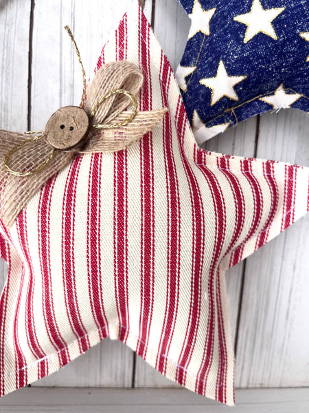 3 Pack | 4th of July Rustic Hanging Stars | Red Ticking