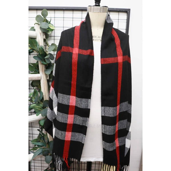 Plaid Cashmere Scarf With Tassel: BLACK / ONE