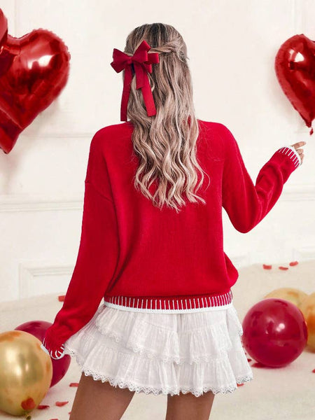 LDC Valentine Love Chenille Letter Graphic Sweater: Fiery Red / M
