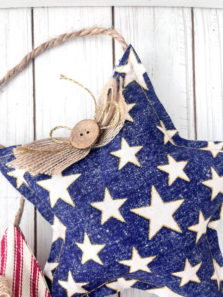 3 Pack | 4th of July Rustic Hanging Stars | Red Ticking