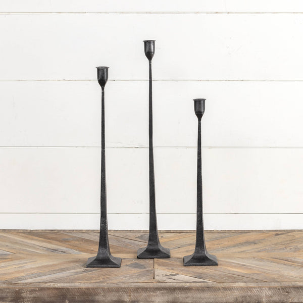 SET/ 3 FORGED BLACK TAPER CANDLESTICKS