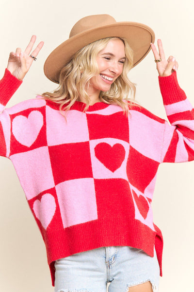 CHECKERED HEART GRAPHIC KNIT SWEATER- LESW4056: IVORY/BLUSH / S-M-L(2-2-2)