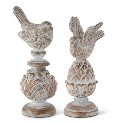 Whitewashed Carved Resin Finials w/Bird Top
