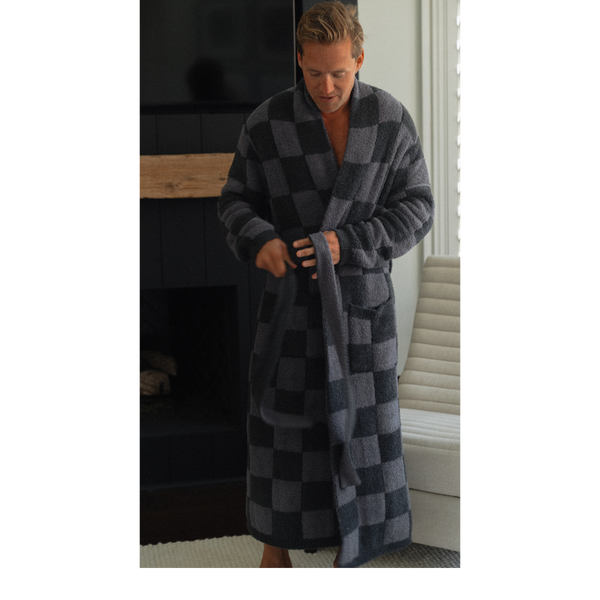 Local Beach Men's Cozy Checker Robe: Gray/Dark Gray / One Size Fits Most