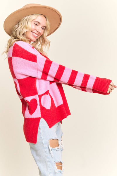 CHECKERED HEART GRAPHIC KNIT SWEATER- LESW4056: IVORY/BLUSH / S-M-L(2-2-2)