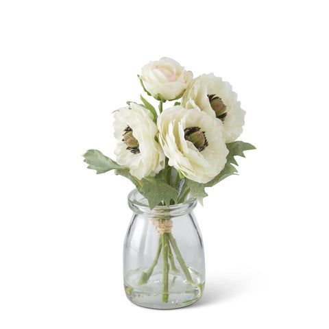 6.75 Inch White Ranunculus Bouquet in Glass Vase w/Faux Water