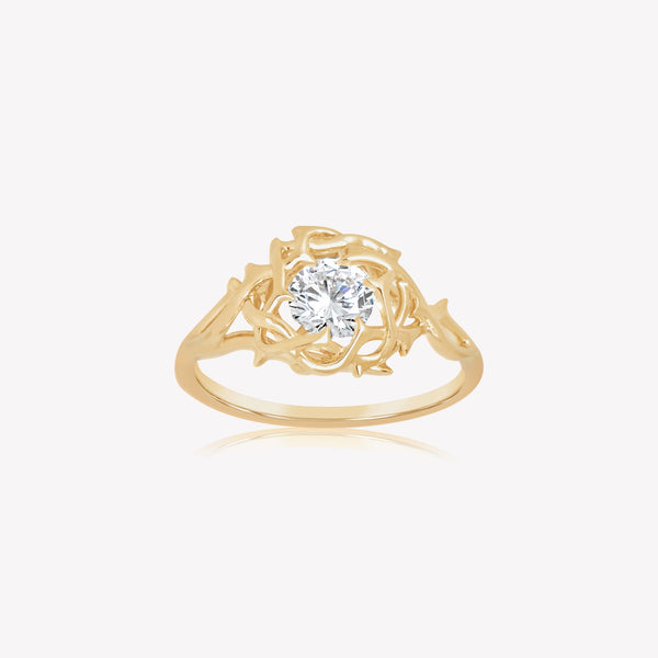 18k gold plated Crown of Thorns Statement Ring cradles a sparkling round cubic zirconia