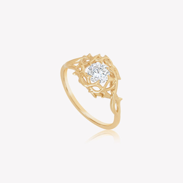 18k gold plated Crown of Thorns Statement Ring cradles a sparkling round cubic zirconia