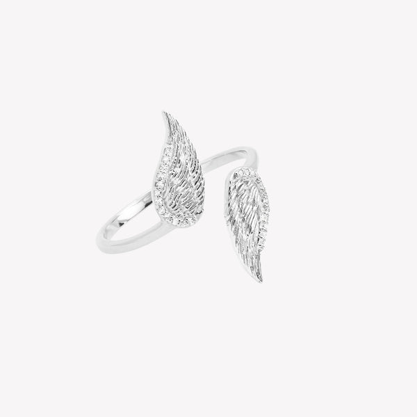 Crafted in sterling silver this ring showcases captivating double angel wing motifs, elegantly outlined with sparkling cubic zirconia accents from the Insignia Collection by Rizen Jewelry.