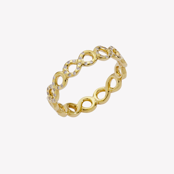 Infinity band ring showcases sparkling cubic zirconia forming an ichthys at the tip of each loop. Crafted in 18k gold, generously plated over sterling silver from the Infinite Grace Collection by Rizen Jewelry.