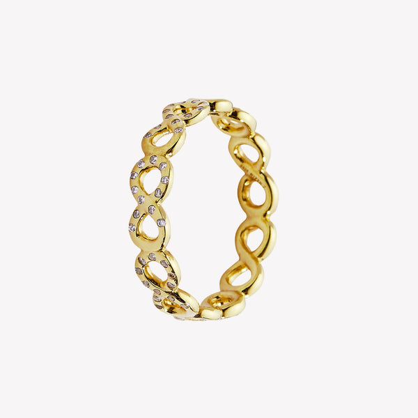 Infinity band ring showcases sparkling cubic zirconia forming an ichthys at the tip of each loop. Crafted in 18k gold, generously plated over sterling silver from the Infinite Grace Collection by Rizen Jewelry.