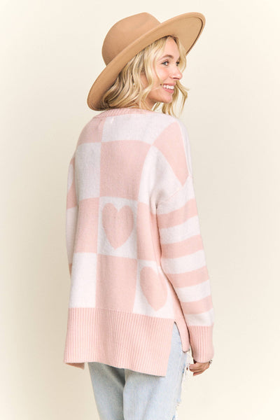 CHECKERED HEART GRAPHIC KNIT SWEATER- LESW4056: IVORY/BLUSH / S-M-L(2-2-2)