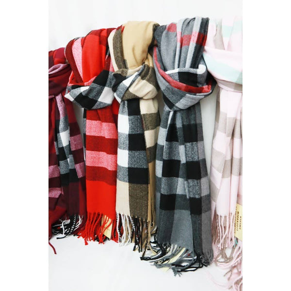 Wool Plaid Cashmere Scarf With Tassel: PINK / ONE