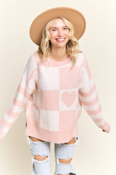 CHECKERED HEART GRAPHIC KNIT SWEATER- LESW4056: IVORY/BLUSH / S-M-L(2-2-2)