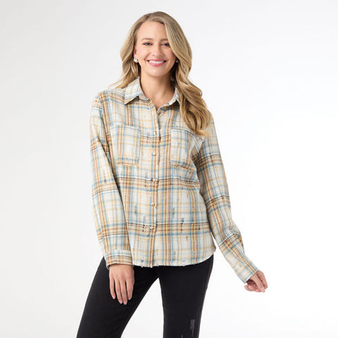 Becca Flannel Shirt with Distressing - Ivory, Blue, Brown S/M