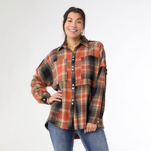 Lizzi Raw Trim Pieced Flannel Top - Rust, Charcoal L/XL