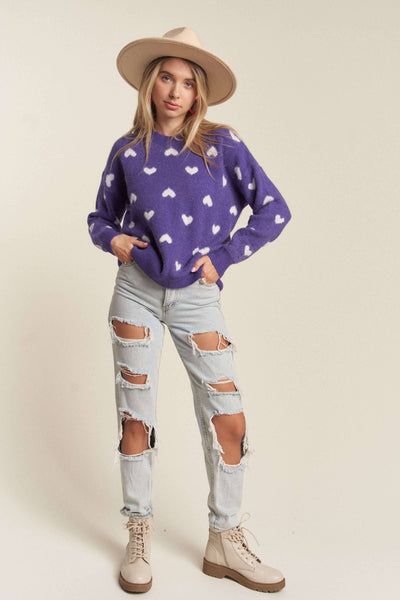 LESW3205X- 2x PLUS SIZE HEART CUTESY SWEATER TOP: NAVY