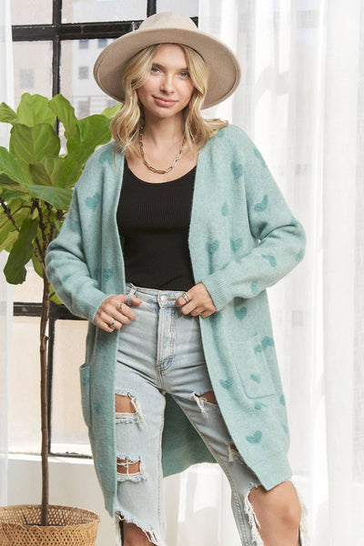 LESW3433-LOVELY HEART SWEATER CARDIGAN: VINTAGE SAGE
