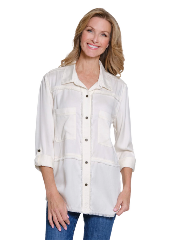 Multiples Roll Tab Long Sleeve 2Pocket Button Front Fringed Shirt