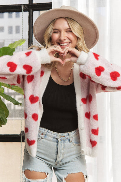 LOVELY HEART FUZZY SWEATER CARDIGAN- LESW3423: RED/IVORY / S-M-L(2-2-2)