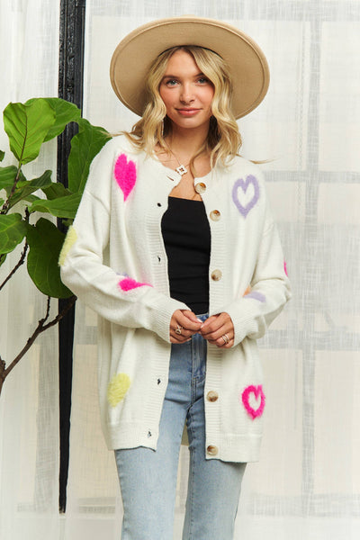 HEART SWEATER CARDIGAN- LESW3249: OFF WHITE / S-M-L(2-2-2)
