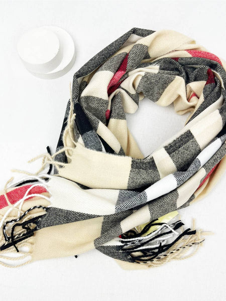 Wool Plaid Cashmere Scarf With Tassel: PINK / ONE