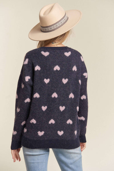 LESW3205X-1x PLUS SIZE HEART CUTESY SWEATER TOP: NAVY