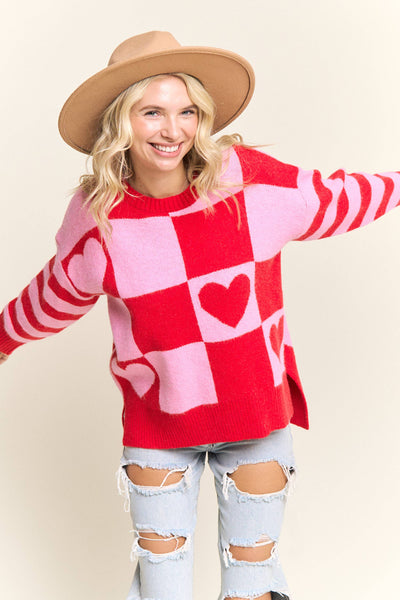 CHECKERED HEART GRAPHIC KNIT SWEATER- LESW4056: IVORY/BLUSH / S-M-L(2-2-2)
