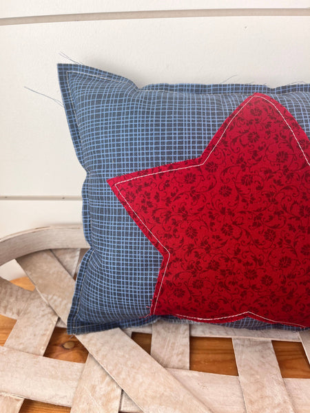4th of July Star Primitive Farmhouse Pillow | Red Floral