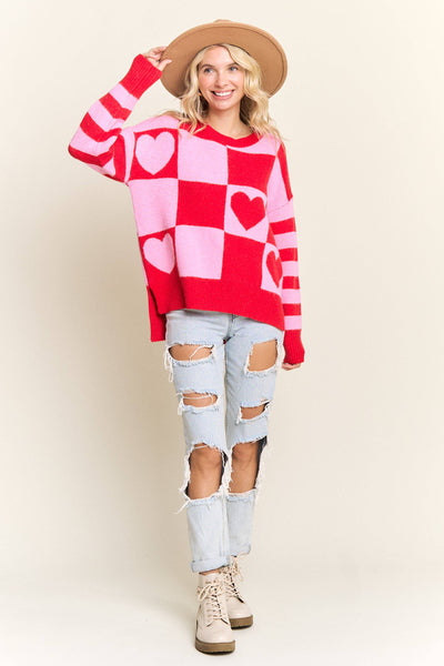 CHECKERED HEART GRAPHIC KNIT SWEATER- LESW4056: IVORY/BLUSH / S-M-L(2-2-2)