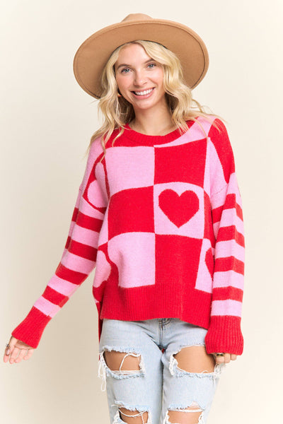 CHECKERED HEART GRAPHIC KNIT SWEATER- LESW4056: IVORY/BLUSH / S-M-L(2-2-2)
