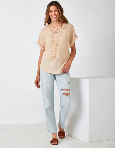 Lace Crew Short Sleeve Top, Beige