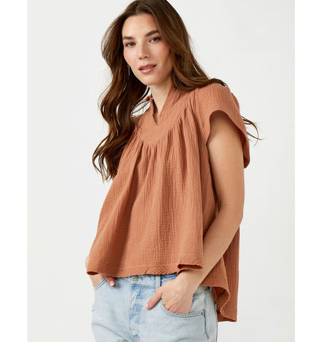 Cotton Gauze Ruffle Sleeve Top, Taupe