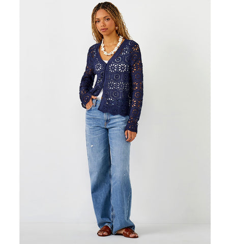 V-Neck Crochet Cardigan, Navy