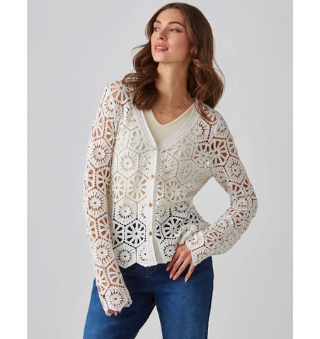V-Neck Crochet Cardigan, White