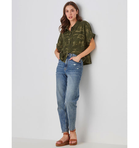 Rayon Camo Oversized Cropped Shirt