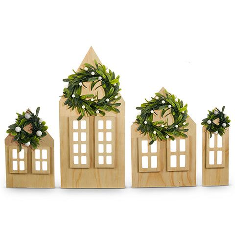 14" Village with Mistletoe Wreaths