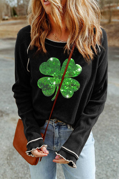 LDC Sequin Four Leaf Clover Contrast Lettuce Trim Top: Black / XL