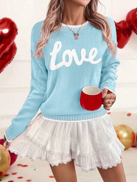 LDC Valentine Love Chenille Letter Graphic Sweater: Fiery Red / L
