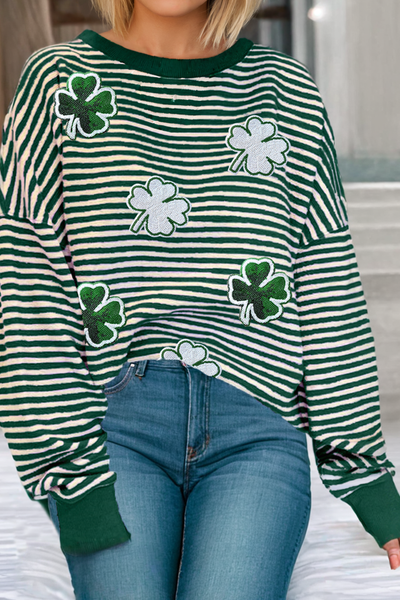 LDC St Patrick Clover Patch Sequin Graphic Blouse: Green Stripe / M