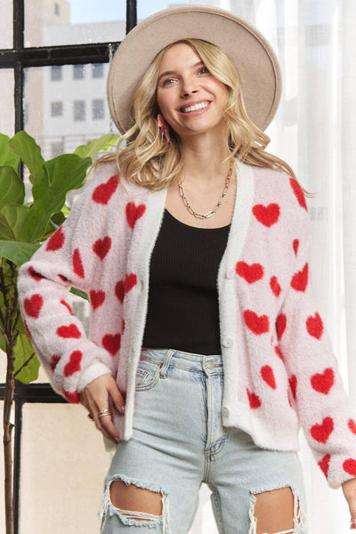 LOVELY HEART FUZZY SWEATER CARDIGAN- LESW3423: RED/IVORY / S-M-L(2-2-2)