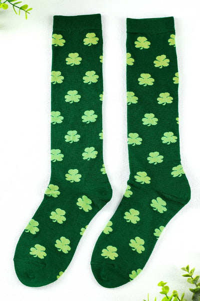 LDC St Patricks Clover Print Tube Socks: Dark Green