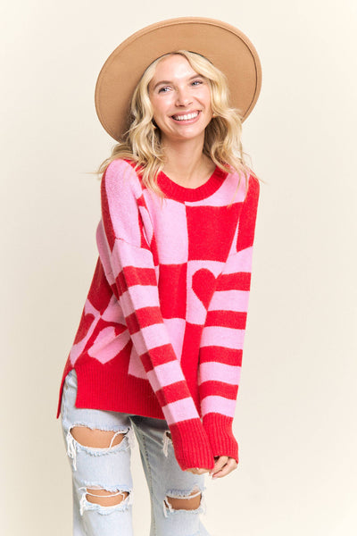 CHECKERED HEART GRAPHIC KNIT SWEATER- LESW4056: IVORY/BLUSH / S-M-L(2-2-2)