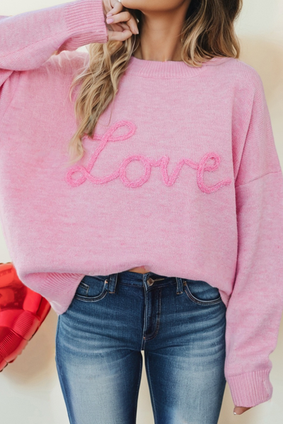 LDC Valentines Corded Love Script Graphic Baggy Sweater: Pink / S